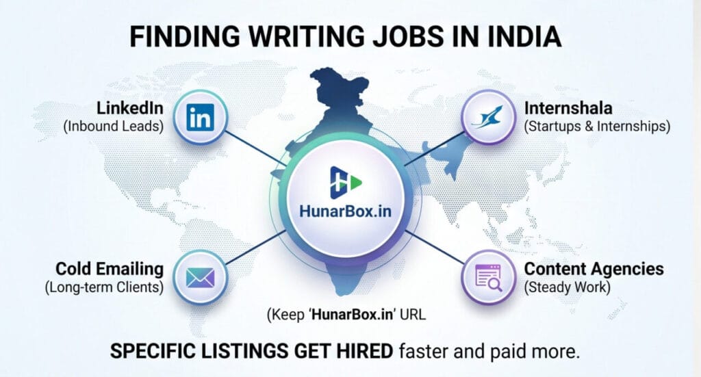 Map of India highlighting HunarBox.in and other freelance writing platforms like LinkedIn and Internshala.