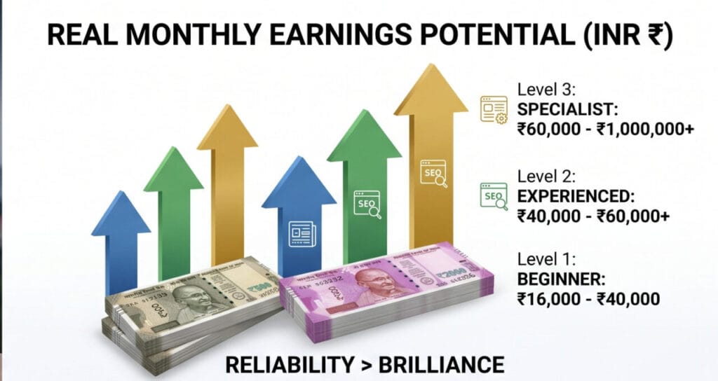 Infographic showing freelance content writing rates in India per month for beginners and experts in 2026