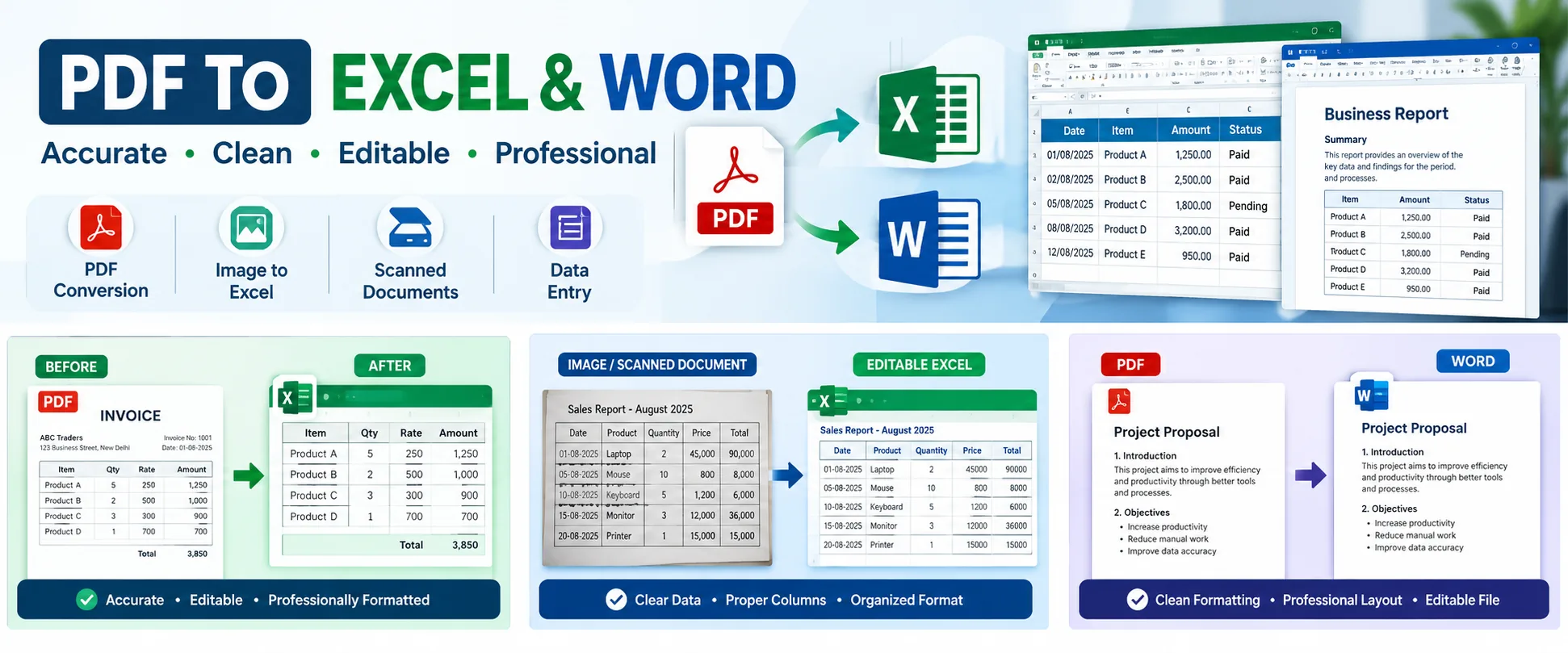 I will convert PDF, scanned documents and images to Excel or Word.