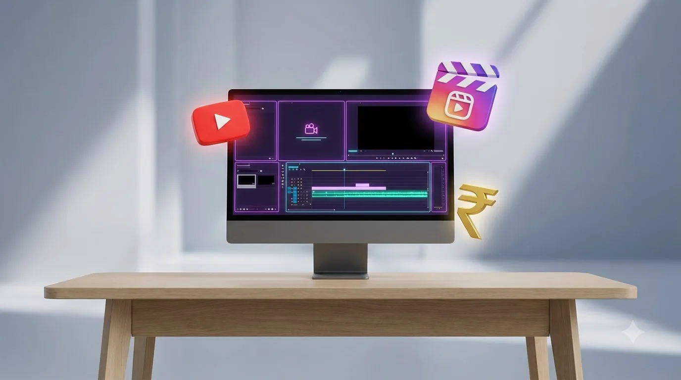 • Minimalist video editing desk setup representing market pricing guides in India
